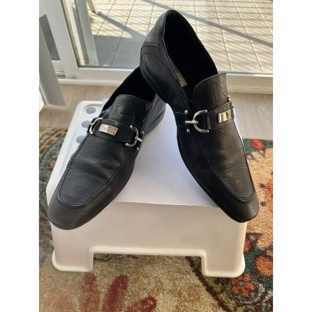 Stefano Castelli Men's  black Leather Loafers Shoes  EU 44  steel  buckle Italy